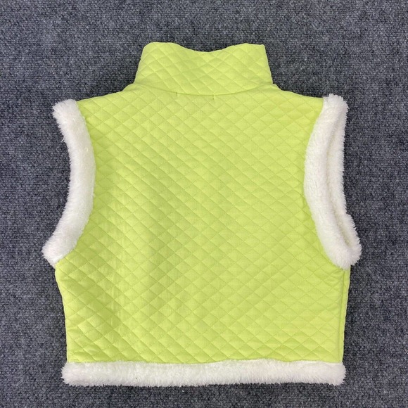 Women’s Size M Quilted Vest Neon Lime Green Faux Fur Trim Transitional Lux L A - Picture 7 of 10